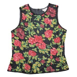 Vintage 100% Silk Beaded Roses Top Cottagecore Coquette Dainty Formal Medium